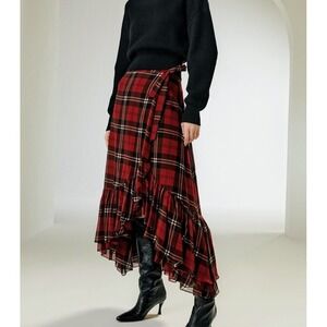 LilySilk Red Plaid Silk Wrap Skirt Ruffle Hem Midi Elegant Party Sz. 10 NWT $325